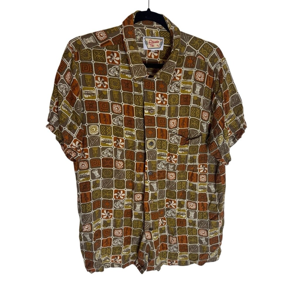 Atomic Tiki Button Down Shirt Short Sleeve Brown Size Large